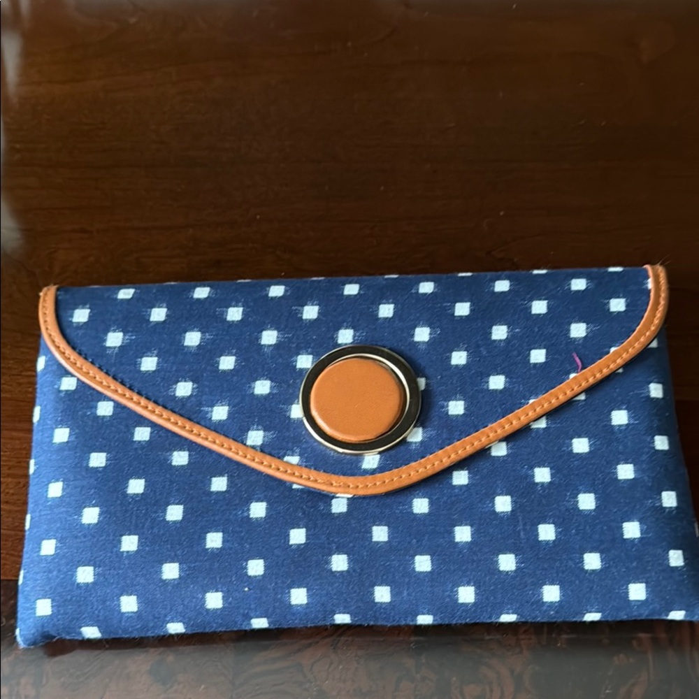 Blue Polka Dot Purse with Tan Trim